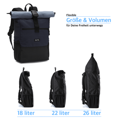Ela Mo™ Rolltop Rucksack | Nightblue. Rucksack mit drei Möglichkeiten zur Volumenerweiterung auf weißem Hintergrund.