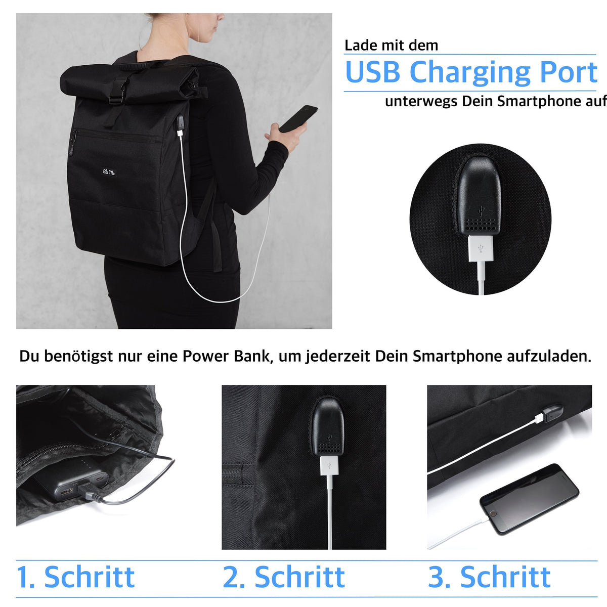 Ela Mo™ Rolltop Rucksack | Nightblue. Rucksack mit Ladekabel und Anleitung zum Aufladen.