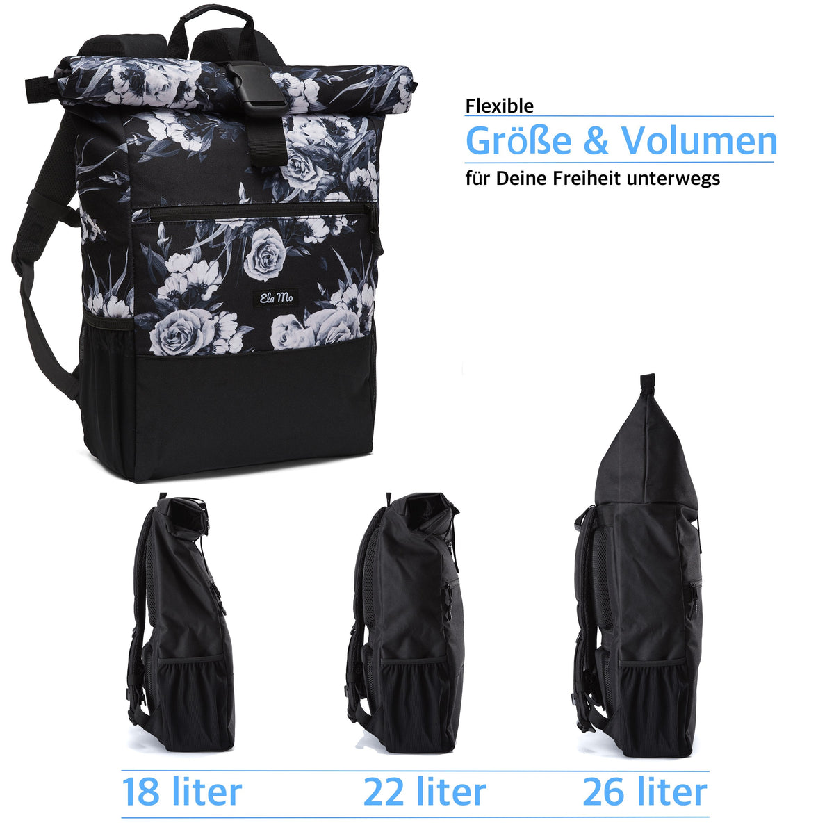 Ela Mo™ Rolltop Rucksack | Nightrose. Rucksack mit Maßangaben und drei Möglichkeiten zur Volumenerweiterung.